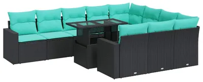 Image de vidaXL Ensemble de salon de jardin 11 pièces avec coussins Noir Polyrotin Acacia