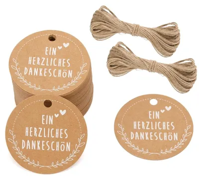 Productafbeelding van Cadeaulabel rond - 5 x 5 cm - 100 stuks - Met 20 m jute koord - Hartelijk dank