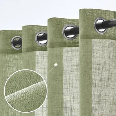 Image de Rideau en lin, vert, salon, semi-transparent, à œillets, aspect coton, chambre à coucher, moderne, rideau à œillets, rideau à lamelles, lot de 2, 140 x 145 cm (L x H), vert
