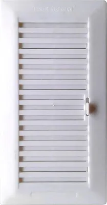 A white louvered vent cover with a small handle on the right side.