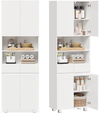 Productafbeelding van Badkamerkast hoge uitvoering - Opbergkast met 2 laden - 4 deuren - Verstelbare planken - Open vak - 30 x 60 x 180 cm - Opbergmeubel