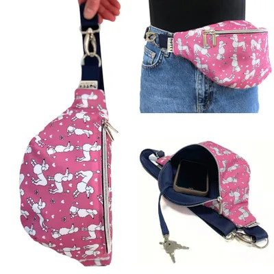 Produktbild von DOTTY Hüfttasche Bauchtasche Gürteltasche für Hundebesitzer – dunkelblau mit rosa Tasche im fröhlichen Pudelmotiv, wasserabweisend, verstellbar