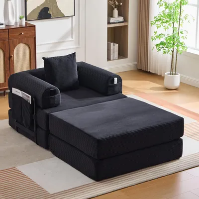 Produktbild von Cord-Kompressionssessel mit Hocker Metallrahmen Seitentasche Kissen 112x190x67 cm schwarz
