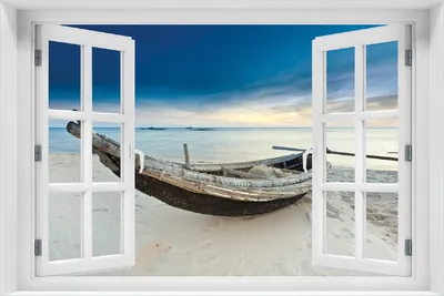 Produktbild von Wallario Poster mit Fenster-Illusion: Fischerboot am Strand mit Sonnenuntergang, Größe: 100 x 150 cm