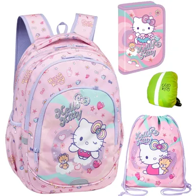 Produktbild von Schulranzen für Mädchen, 4er-Set - Schul-Rucksack für Kinder mit Federmäppchen - Schuhbeutel und Hausaufgabenheft - Hello Kitty Motiv