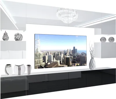 Produktbild von BELINI Wohnwand Vollausstattung Wohnzimmer-Set Moderne Schrankwand mit LED-Beleuchtung Weiß Glänzend Anbauwand TV-Schrank Weiß / Schwarz Glänzend