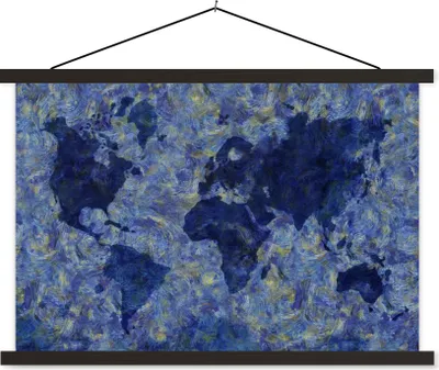Produktbild von MuchoWow® Textilposter Weltkarte - Van Gogh - Gemälde 90x60 cm mit schwarzem Rahmen - Aufhängungssatz
