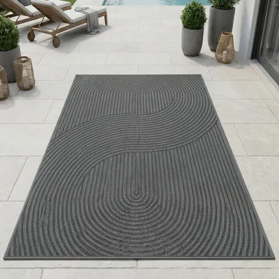 Zdjęcie produktu dla Dywan zewnętrzny z graficznym wzorem falistym, odporny na warunki atmosferyczne, na taras lub balkon, kolor antracytowy, wymiary – 160 x 220 cm
