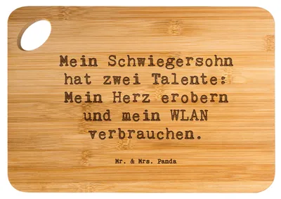Produktbild von Mr. & Mrs. Panda Schneidebrett Spruch Schwiegersohn Talente - Transparent - Geschenk, Familienmitglieder, herzerwärmende Sprüche, Holzbrett, Jubiläen, holzschneidebrett