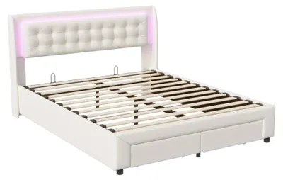 Zdjęcie produktu dla Łóżko tapicerowane – łóżko podwójne 180×200 cm – obicie aksamitne – oświetlenie LED w zagłówku – podnoszona skrzynia na pościel i 2 szuflady – beżowe