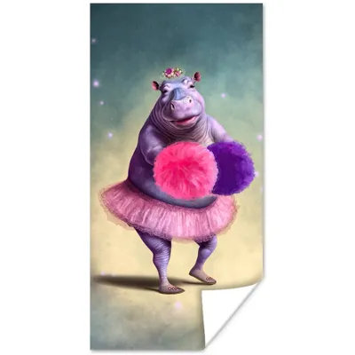 Produktbild von MuchoWow® Poster Nilpferd - Blumen - Ballerina - Pompons - Porträt 20x40 cm - Plakat - Foto