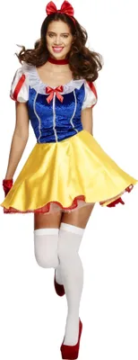A woman wearing a Snow White costume, posing dynamically against a white background.
