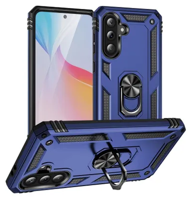 A blue phone case with a ring holder is displayed from multiple angles.