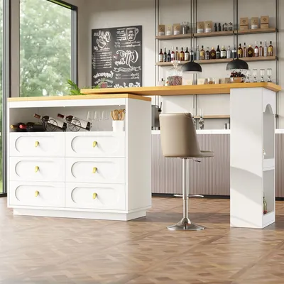 Produktbild von Bartisch mit 360° Drehfunktion und Stauraum Kücheninsel Hochtisch Küchentisch Längenverstellbar von 138-203cm Weiß