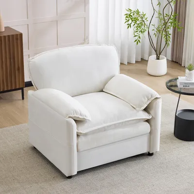 Zdjęcie produktu dla Biała sofa jednoosobowa w stylu retro z bocznymi kieszeniami do przechowywania, idealna do małego salonu, balkonu, gabinetu i sypialni