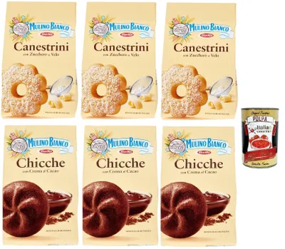 Produktbild von Mulino Bianco Canestrini Chicche al cacao Testpaket Biscotti Con Zucchero A Velo, Kekse mit Zucker mit Eiszeit und Kekse mit Kakao, cookies biscuits, 6x 200g + Italian Gourmet polpa 400g