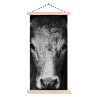 Produktbild von MuchoWow® Textilposter Tiere - Kuh - Schwarz - Weiß - Kuhkopf 60x120 cm mit holzfarbenen Rahmen - Holz