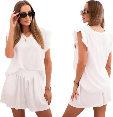 Produktbild von Damen Viskose Set, Rüschenbluse und kurze Shorts, Weiß