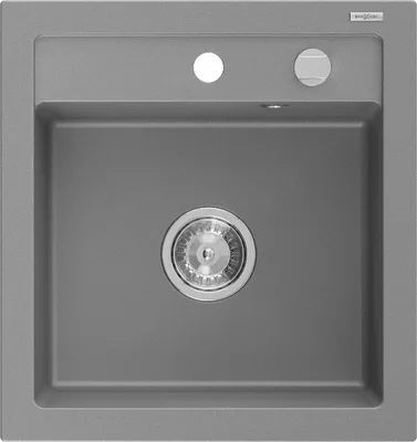A top-down view of a gray granite kitchen sink with a drain assembly in the center and two holes in the top rim.