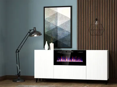 A modern living room setup with a white media console featuring an electric fireplace.
