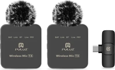 Produktbild von PULUZ PU648B Drahtloses Mikrofonsystem mit 1 Empfaenger und 2 Sendern, 10 m uebertragungsreichweite, integrierter Akku-Ersatz fuer Android-Telefone, Computer, Laptop, Kamera fuer Live-Streaming, Interview, Vlog