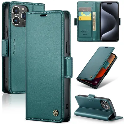 Immagine prodotto di Custodia per iPhone 15, carta di blocco RFID, custodia in pelle avanzata con funzione di supporto Verde