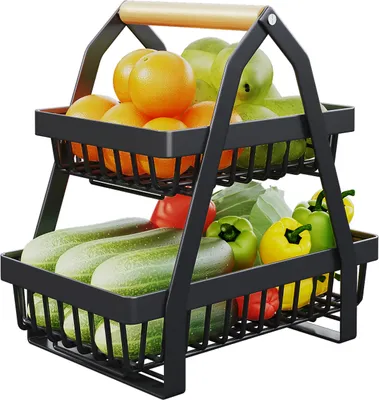 Produktbild von Heikoeco® obstkorb, obst aufbewahrung, fruit basket, 2-Stöckiger Obstkorb aus Metall für Küche, Wohnzimmer, Büro, schwarz 21x33x30 cm