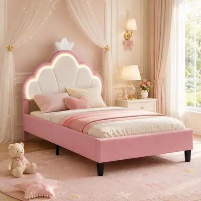 Image de Lit bébé 90x200, lit pour fille avec design de couronnes LED, repose-tête réglable, lit rembourré, sommier à lattes, lit de princesse, velours rose