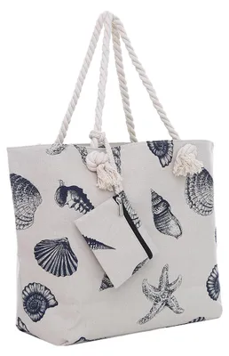 Zdjęcie produktu dla Duża torba plażowa typu shopper z zamkiem błyskawicznym – motyw morski, muszelka w naturalnym kolorze
