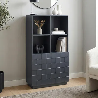 Image de Buffet haut « Bopibobro » avec 2 portes, façade 3D, 4 compartiments, 118 x 64 x 30 cm, gris foncé