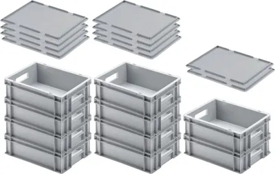 Produktbild von SuperSparSet 10x Eurobehälter mit offenem Griff & Auflagedeckel | HxBxT 12x30x40cm | 11 Liter | Grau | Eurobox, Transportbox, Transportbehälter, Stapelbehälter