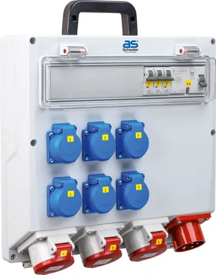 Produktbild von as-Schwabe FIXO Wandverteiler CEE 400V 16A auf 6xSchuko 3xCEE 400V 16A IP44