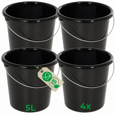 Produktbild von Novaliv 4 Stück Eimer 5L Schwarz mit Maßeinteilung - Putzeimer 5 Liter ⌀ 22,5 cm Praktischer Allrounder mit Skala für Haushalt & Garten ideal als Haushaltseimer, Wassereimer, Wischeimer, Bucket