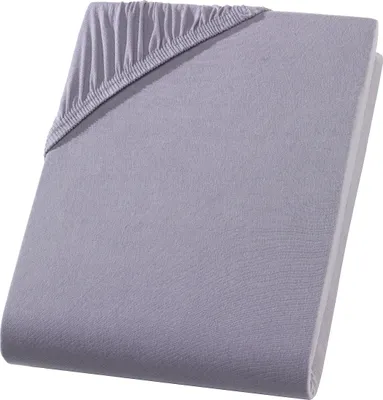 A close-up, angled view of a grey fitted sheet.
