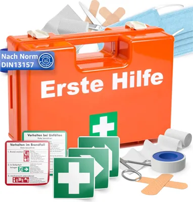Produktbild von Erste Hilfe Koffer - DIN 13157 Kasten für Wand & Zuhause & Betrieb - & 5x Aufklebern - Verbandskasten orange - inkl. Wandhalterung