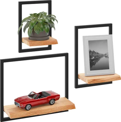 Produktbild von LAMO Manufaktur Wandregale aus Holz Set 3 St. 15/20/35cm | Küchenregal Wand, Badezimmer Regal Hängend, Wandregal Wohnzimmer | Farbe: Dunkel, Rahmen: Schwarz