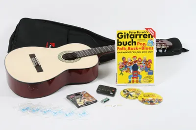 Produktbild von Voggenreiter Gitarren-Set 4/4 Akustik-Gitarre VOLT, Holz, Hell Rotbraun getönt, Einsteigerinstrument ab 10 Jahre, 6 Teile: Inkl. Peter Bursch’s Gitarrenbuch mit CD und DVD, sowie Elektronisches Stimmgerät Volt DT-1000.
