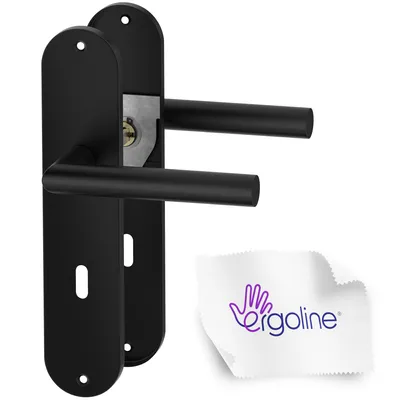 A pair of black door handles with a keyhole mechanism, presented on a white background with a small white cloth featuring a logo.