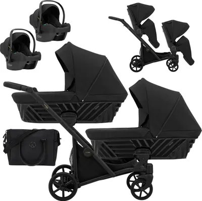 Produktbild von Kinderwagen IVENTO DUO 3 in 1 Komplettset Zwillingskinderwagen Geschwisterwagen Zwillingsbuggy Doppelkinderwagen (Deep Black, Rahmenfarbe: schwarz)