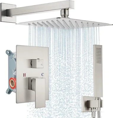 Image de Ensemble de douche à effet pluie avec régulation de la vapeur, 10 pouces - Kit complet avec montage mural et douchette à main