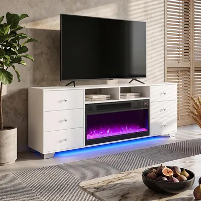 Produktbild von VANITII TV-Schrank mit kamin，TV-Lowboard mit farbwechselndem LED-Beleuchtung 6 Schubladen Weiβ 180 x 40 x 65 cm