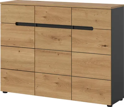 A shoe cabinet with a wood-like finish and gray accents.