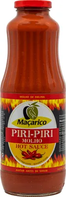 A bottle of Macarico Piri Piri Hot Sauce against a white background.