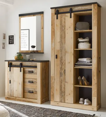 Produktbild von Garderoben Set 3-teilig "Stove" Used Wood hell anthrazit Flurgarderobe 206 x 201 cm