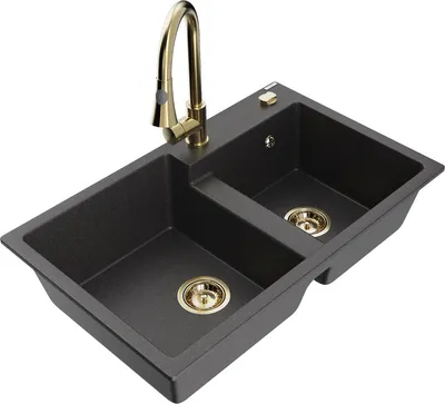 Produktbild von Mexen Tomas 2-Becken-Granitspüle mit Mischbatterie Elia, Schwarz gesprenkelt - 6516-76-670101-50