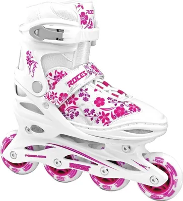 A white and pink inline skate with floral patterns.