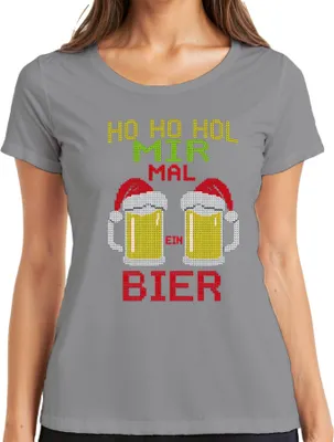 Produktbild von Ho Ho hol mir mal ein Bier Weihnachtsstrick Bierkrug Bierliebhabe Damen T-Shirt, Grau, XXL