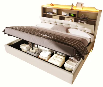 Produktbild von Polsterbett mit LED-Streifen, Type-C, USB und Stauraum, in schwebender Optik, gepolsterter Kopfteil, 180x200 cm, Doppelbett, Stauraumbett, Leinen