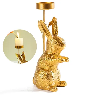 Produktbild von Stehender Hase Kerzenhalter, Resin & Metall, Elegant, Kerze bis Ø1,5 Zoll, Gold, Kamin, Esszimmer, Wohnzimmer