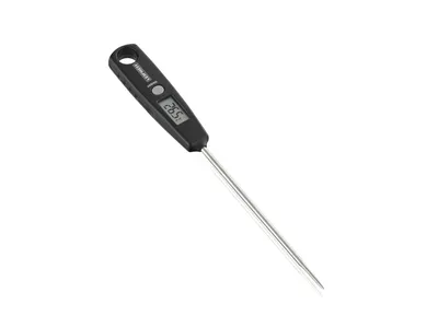 A digital thermometer with a silver probe and black handle is shown against a white background.